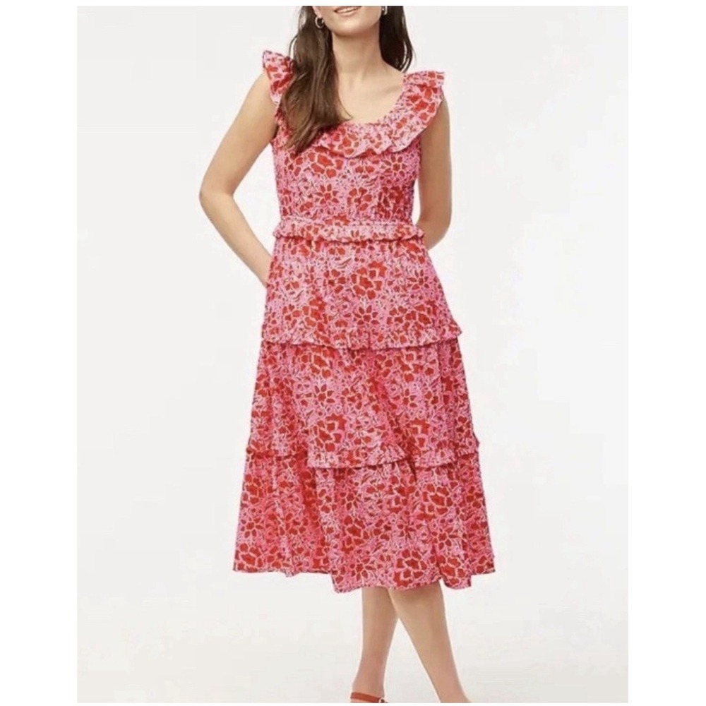 J.Crew Red Floral Tiered Midi Dress Size 8 Ruffle Strap Tie Back Cotton Summer